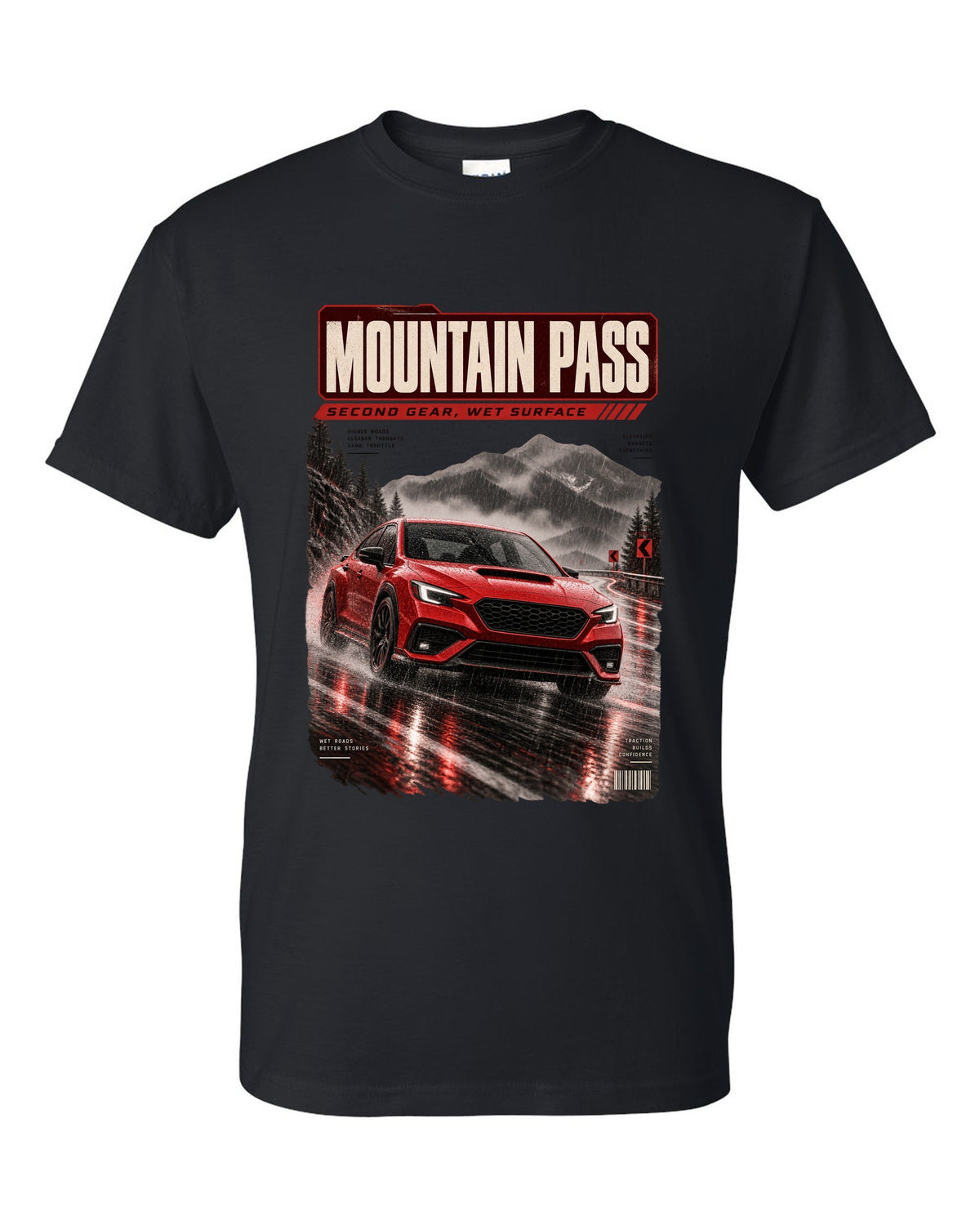 Red-orange monochrome Subaru WRX VB sedan on a wet mountain pass at night, poster-style print black t-shirt front view with the design