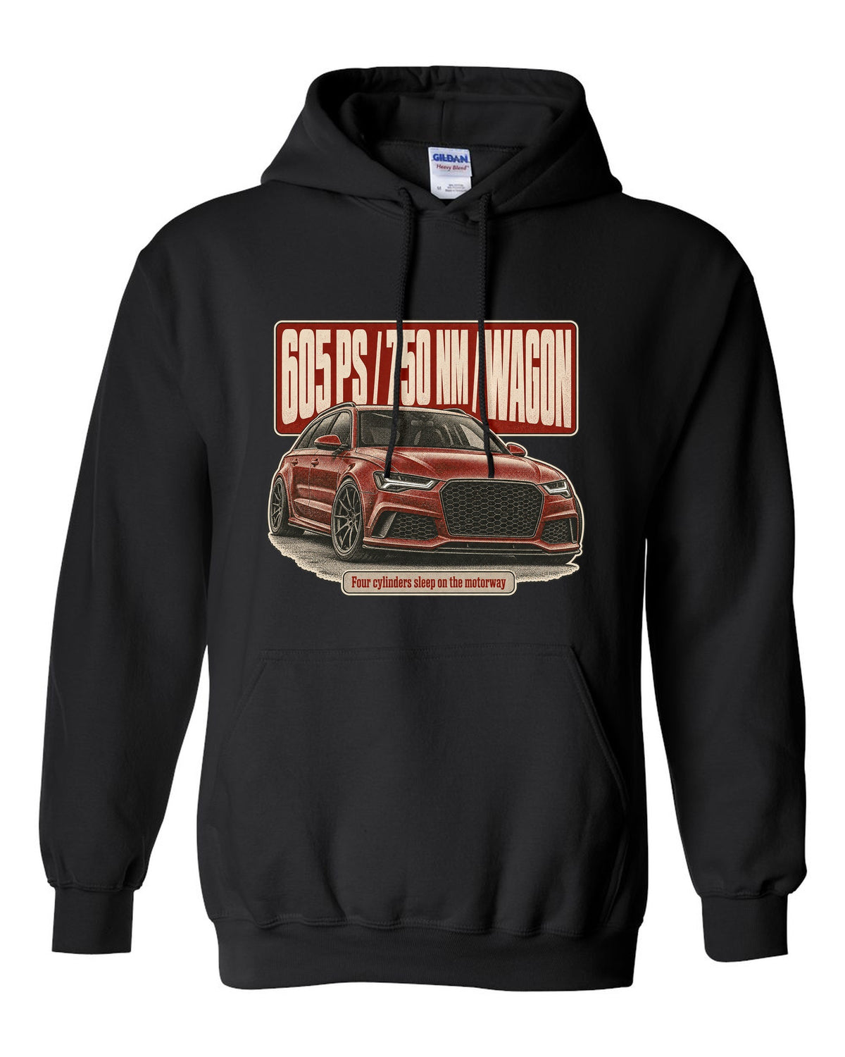 Audi RS6 Avant Performance C7 halftone statement print with 605 PS black pull over hoodie front view with the design