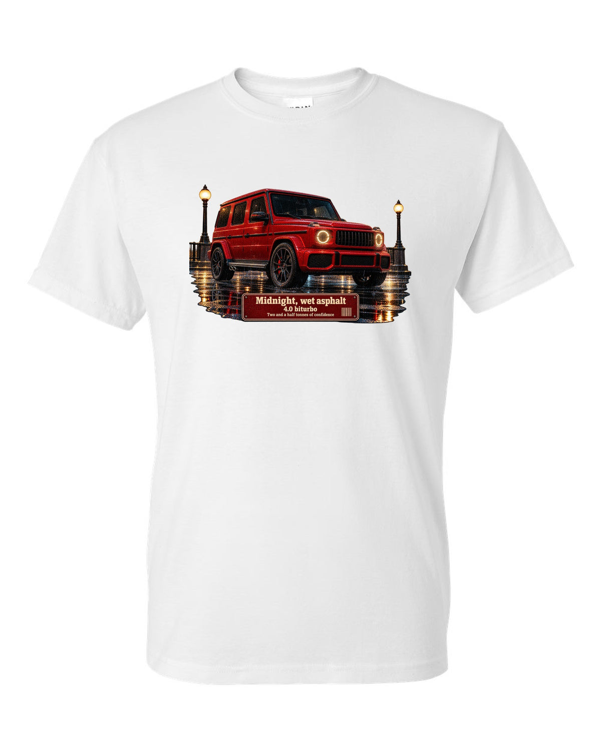 Night street print of a Mercedes-AMG G63 W463A on wet asphalt white t-shirt front view with the design