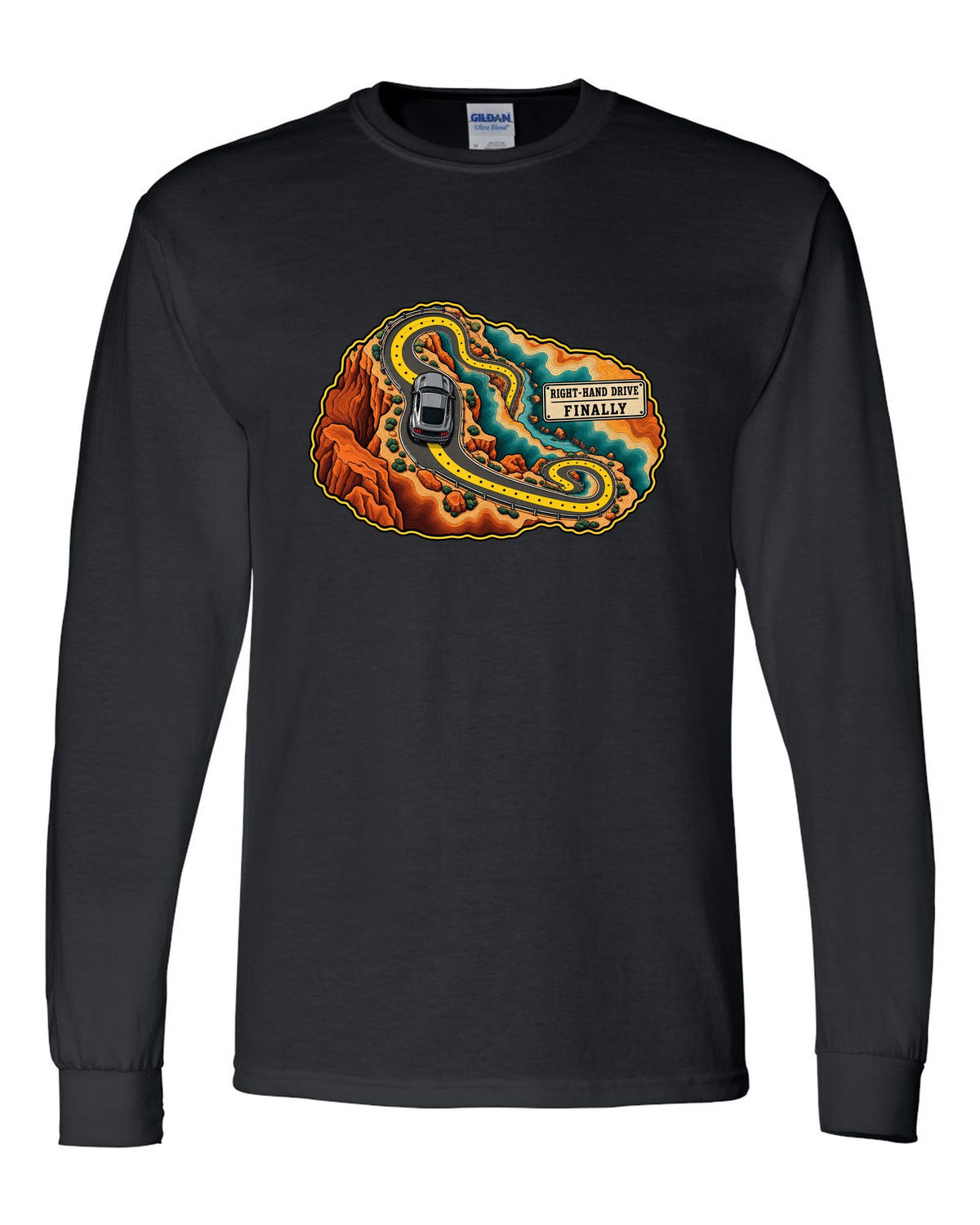 Topographic canyon route map with an S550 Ford Mustang fastback black long sleeve front view with the design