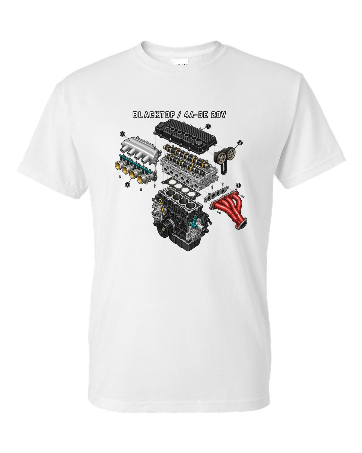Exploded engine diagram of the blacktop 4A-GE 20V for the Toyota Corolla AE111 white t-shirt front view with the design