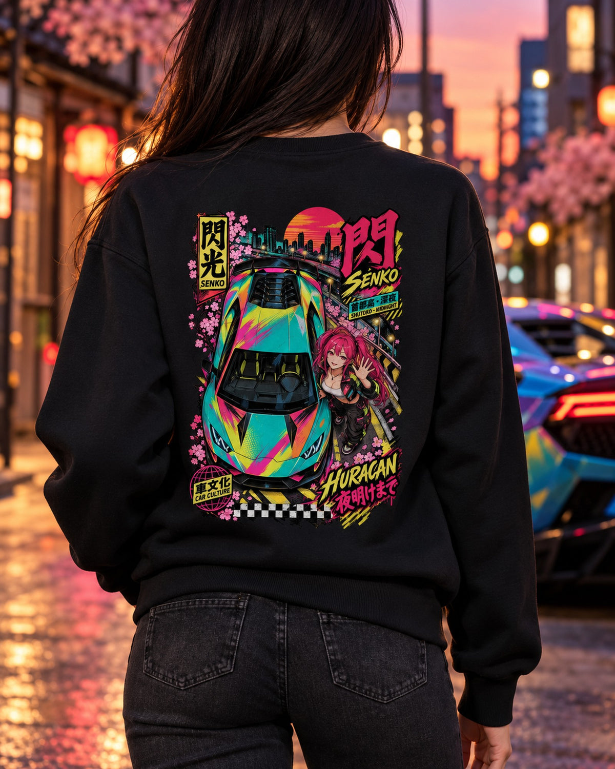 SENKO HURACAN Anime Girl Full-Back Graphic Tee Crewneck Black worn hero