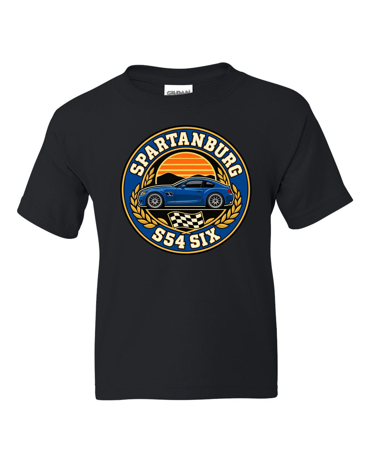 BMW Z4 M Coupe E86 varsity crest print with Spartanburg S54 six text black kids tee front view with the design