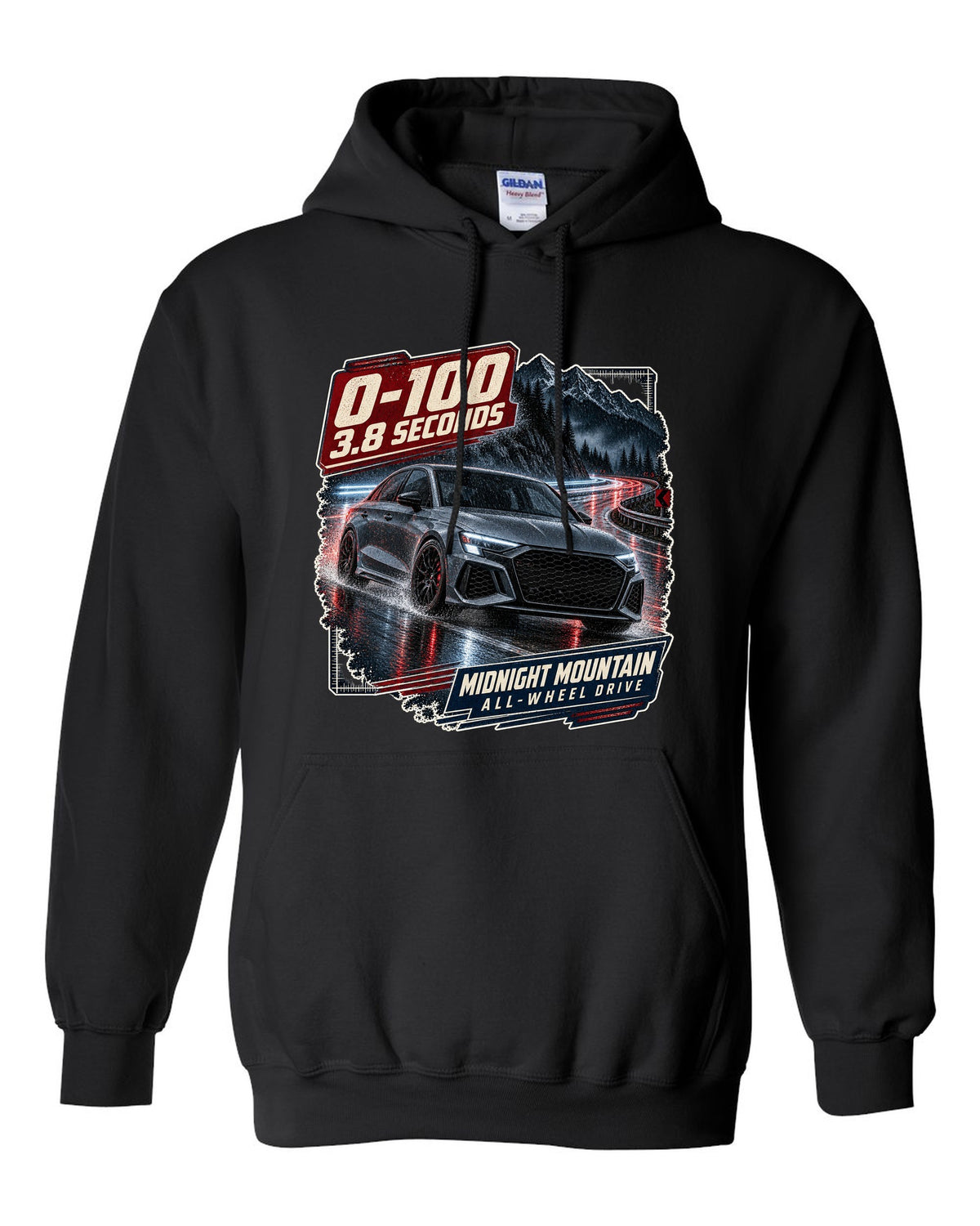 Audi RS3 8Y sedan on a night mountain road with 0-100 caption black pull over hoodie front view with the design