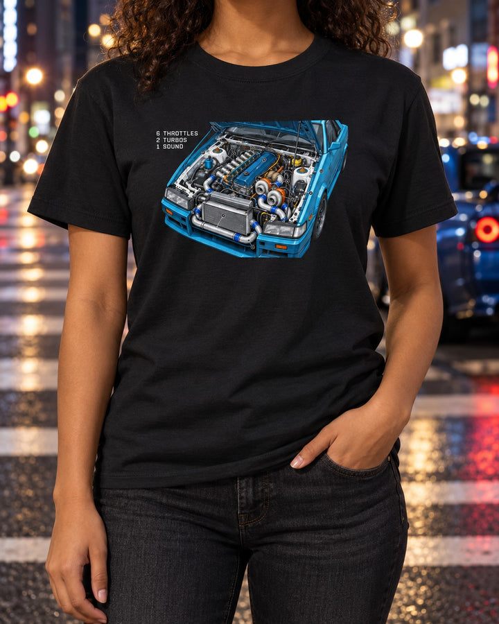 BNR32 Skyline GT-R RB26 Blueprint Shirt, Six Throttles T-Shirt Black worn hero
