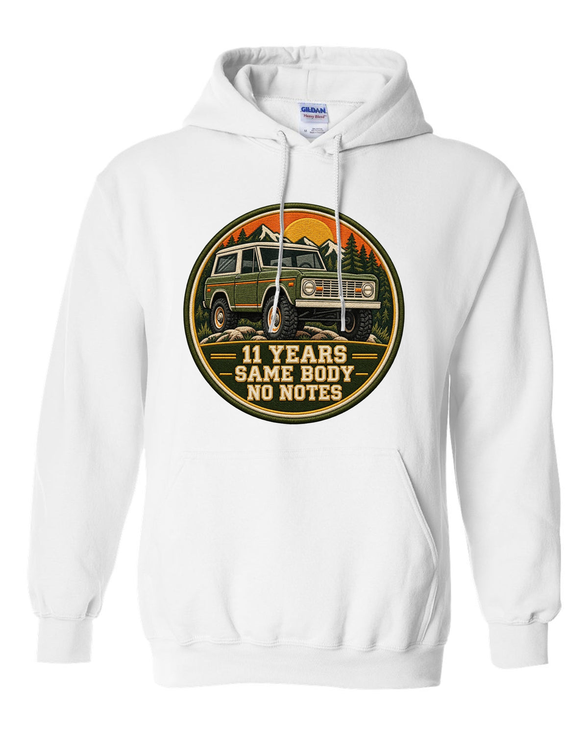 Varsity crest print for a 1966-77 Ford Bronco U15 wagon with 11 years same body text white pull over hoodie front view with the design
