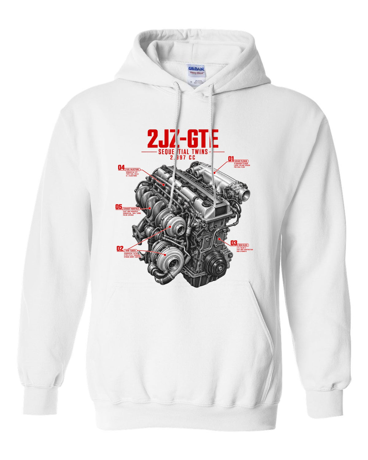 print of a Toyota Supra A80 2JZ-GTE engine with callouts for sequential twins and 2,997 cc white pull over hoodie front view with the design