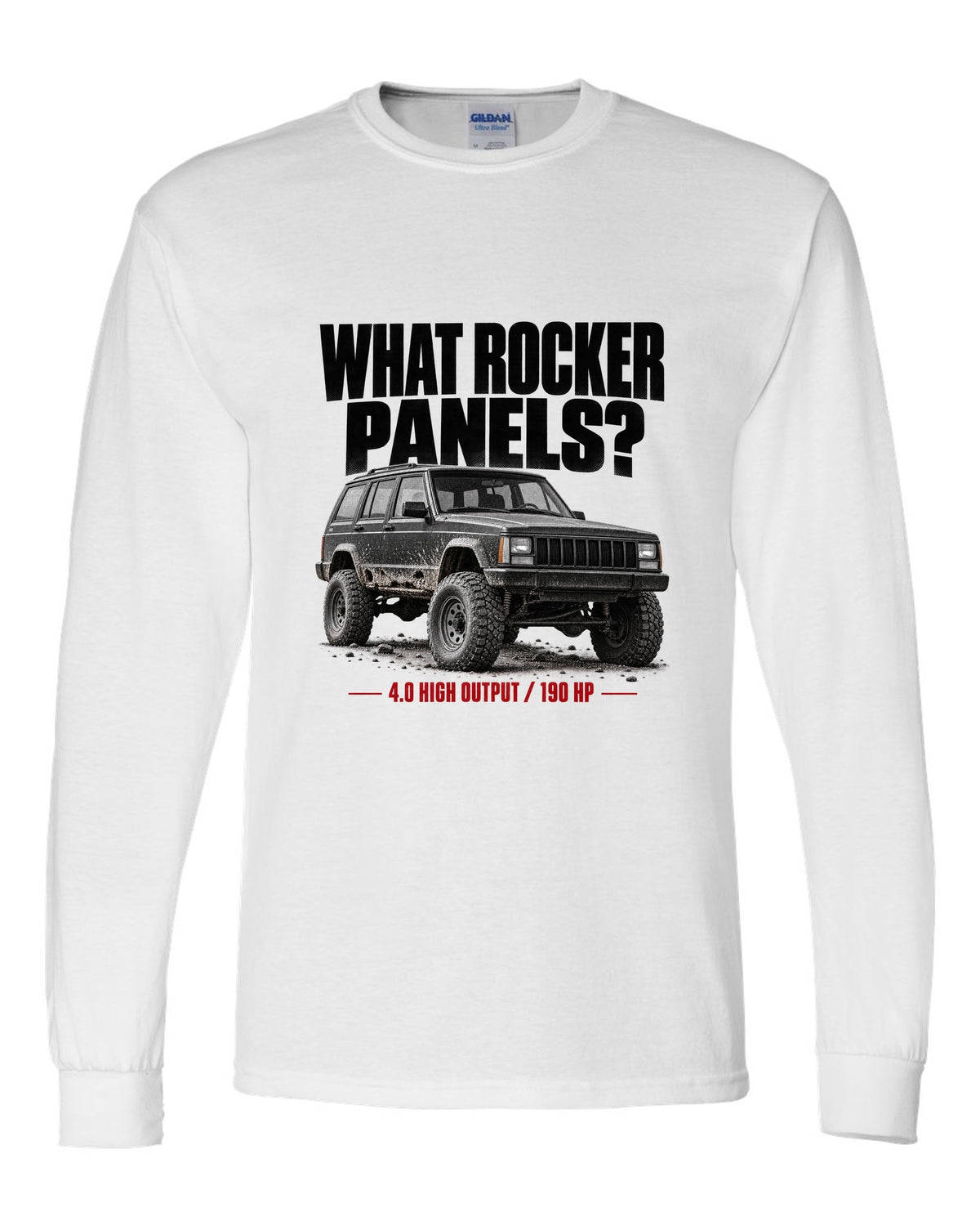 Jeep Cherokee XJ halftone print with 4.0 High Output 190 HP text white long sleeve front view with the design