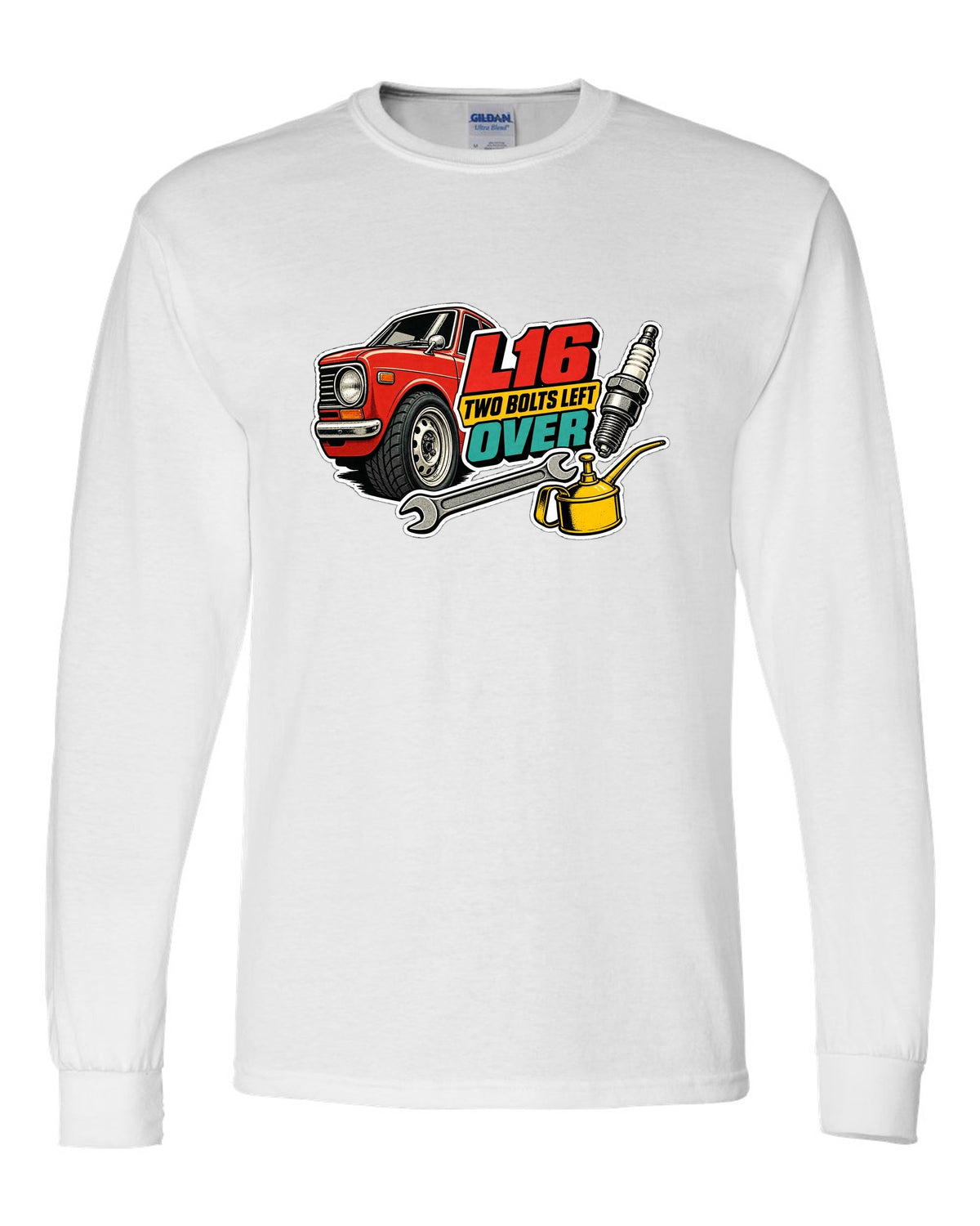 Datsun 510 wheel and fender sticker-bomb collage with L16 text on the front of a shirt white long sleeve front view with the design