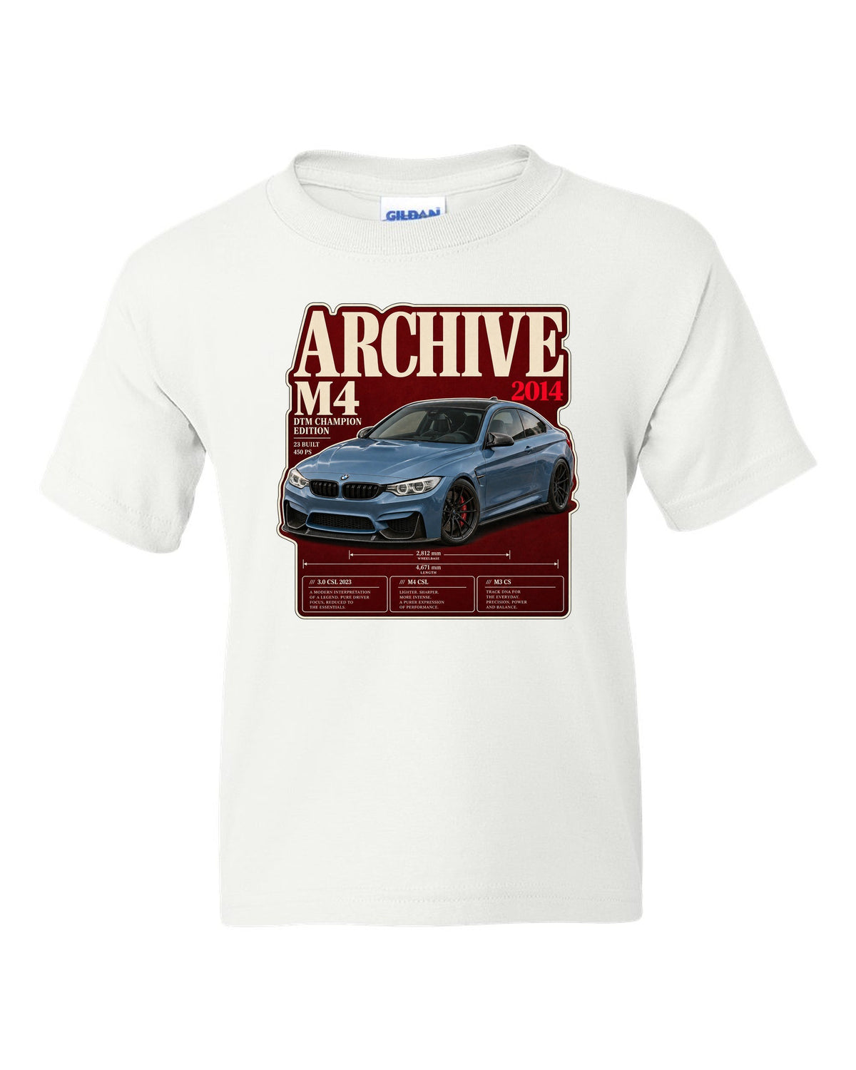 BMW M4 DTM Champion Edition F82 archive panel print white kids tee front view with the design