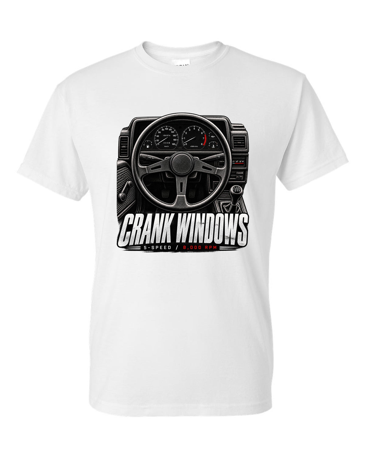 print of a Toyota AE86 interior cockpit with gauges and crank window lettering white t-shirt front view with the design