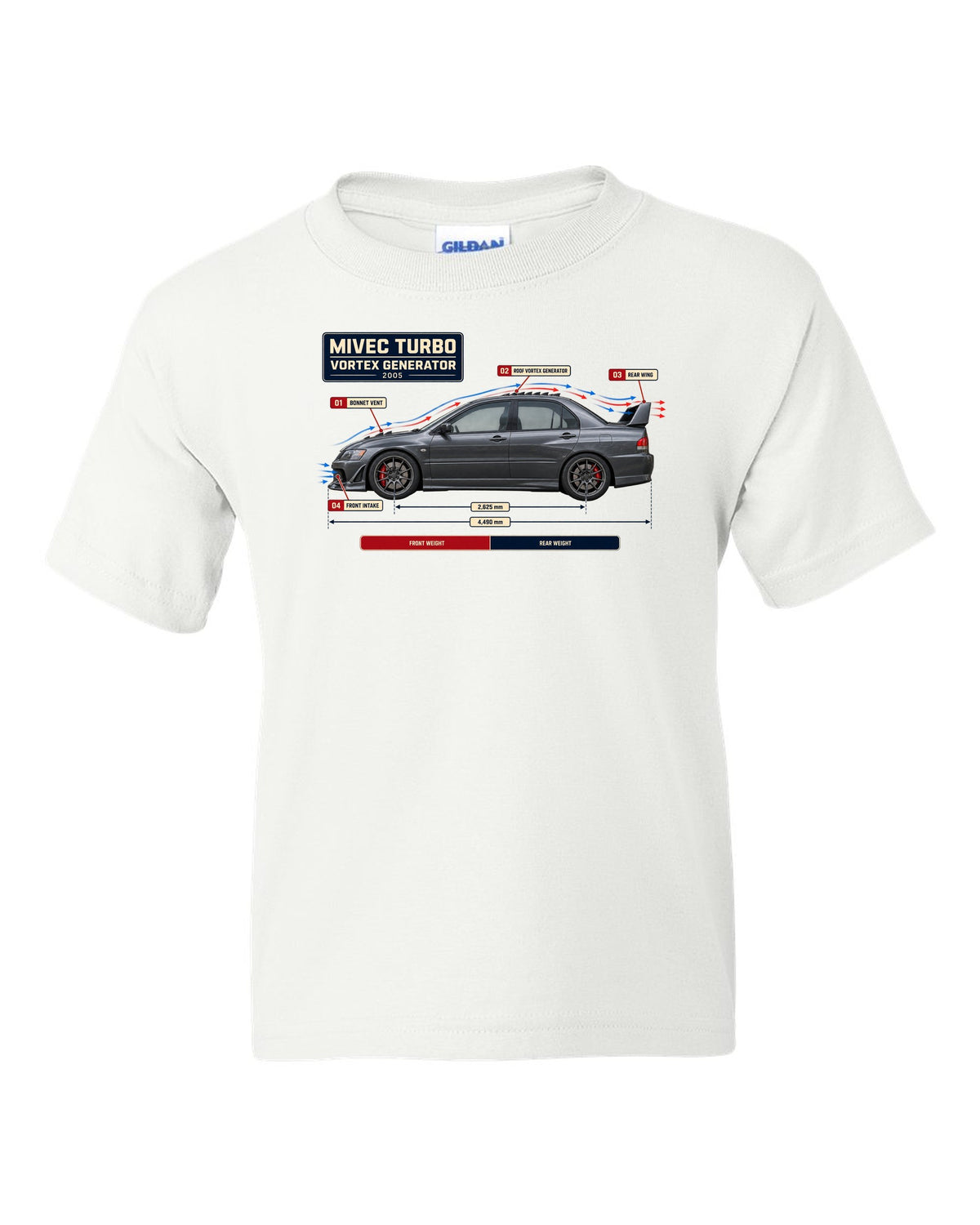 Lancer Evolution IX Aero Callout Diagram Tee, MIVEC Turbo white kids tee front view with the design