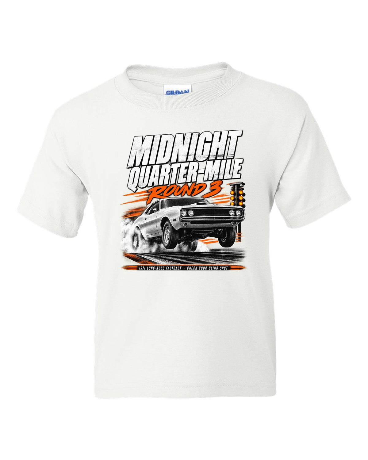 Race poster illustration of a 1971 Ford Mustang long-nose fastback titled midnight quarter-mile white kids tee front view with the design