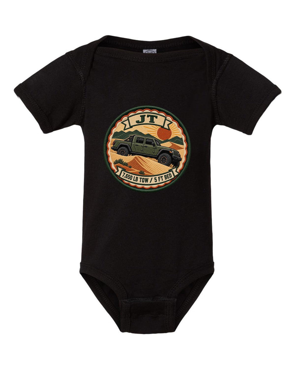 Embroidery-style varsity crest print of a Jeep Gladiator JT with tow rating text black baby onesie front view with the design
