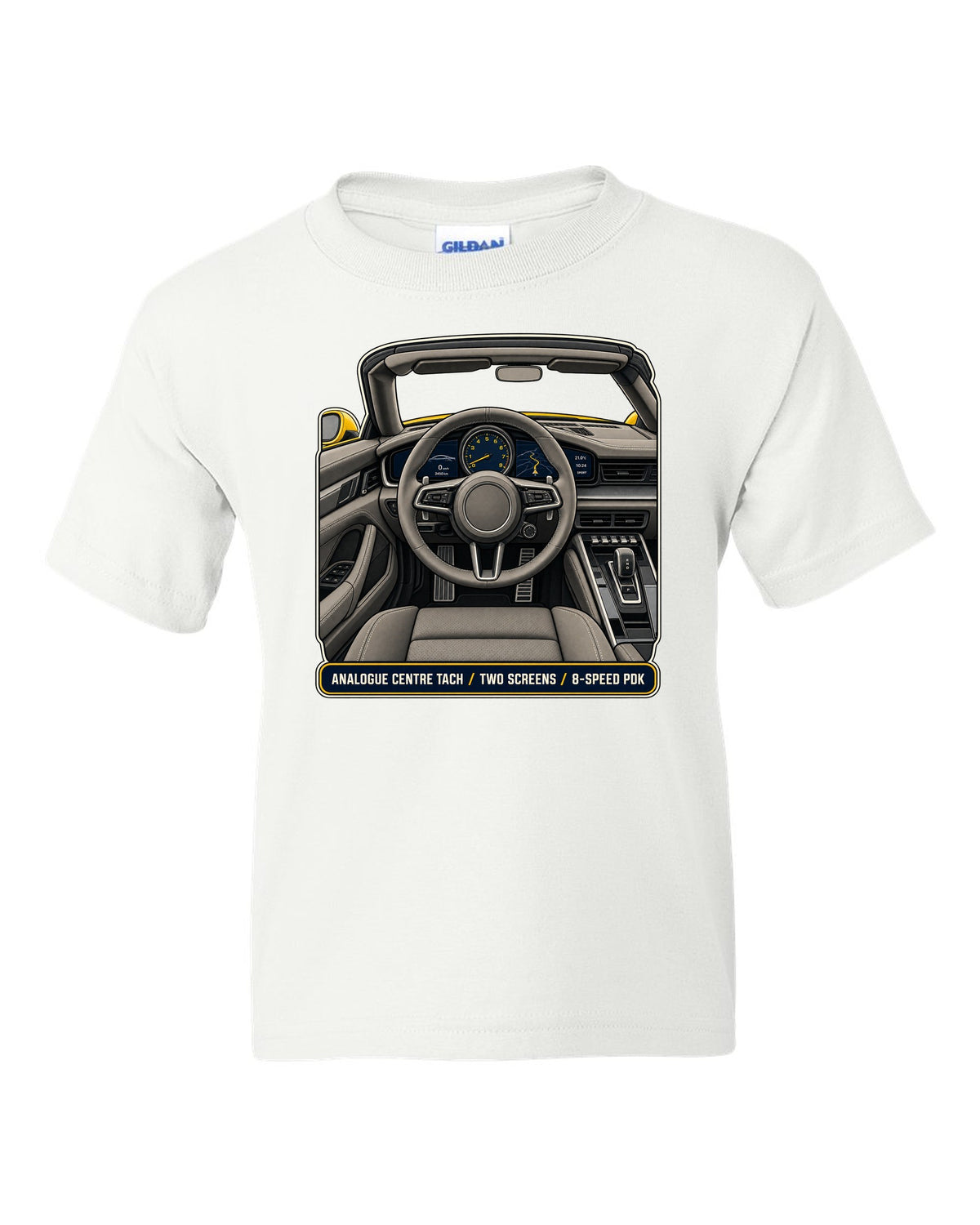 Cockpit and gauge print of a Porsche 992 Carrera S Cabriolet white kids tee front view with the design