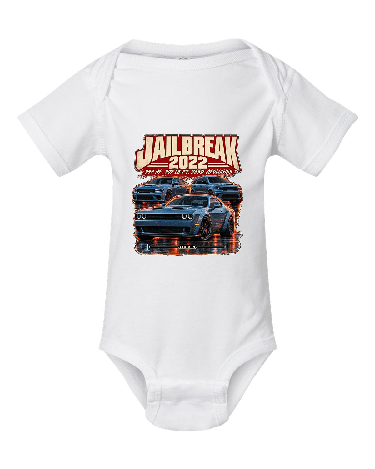 Dodge Challenger Hellcat Redeye Jailbreak 2022 street poster print white baby onesie front view with the design