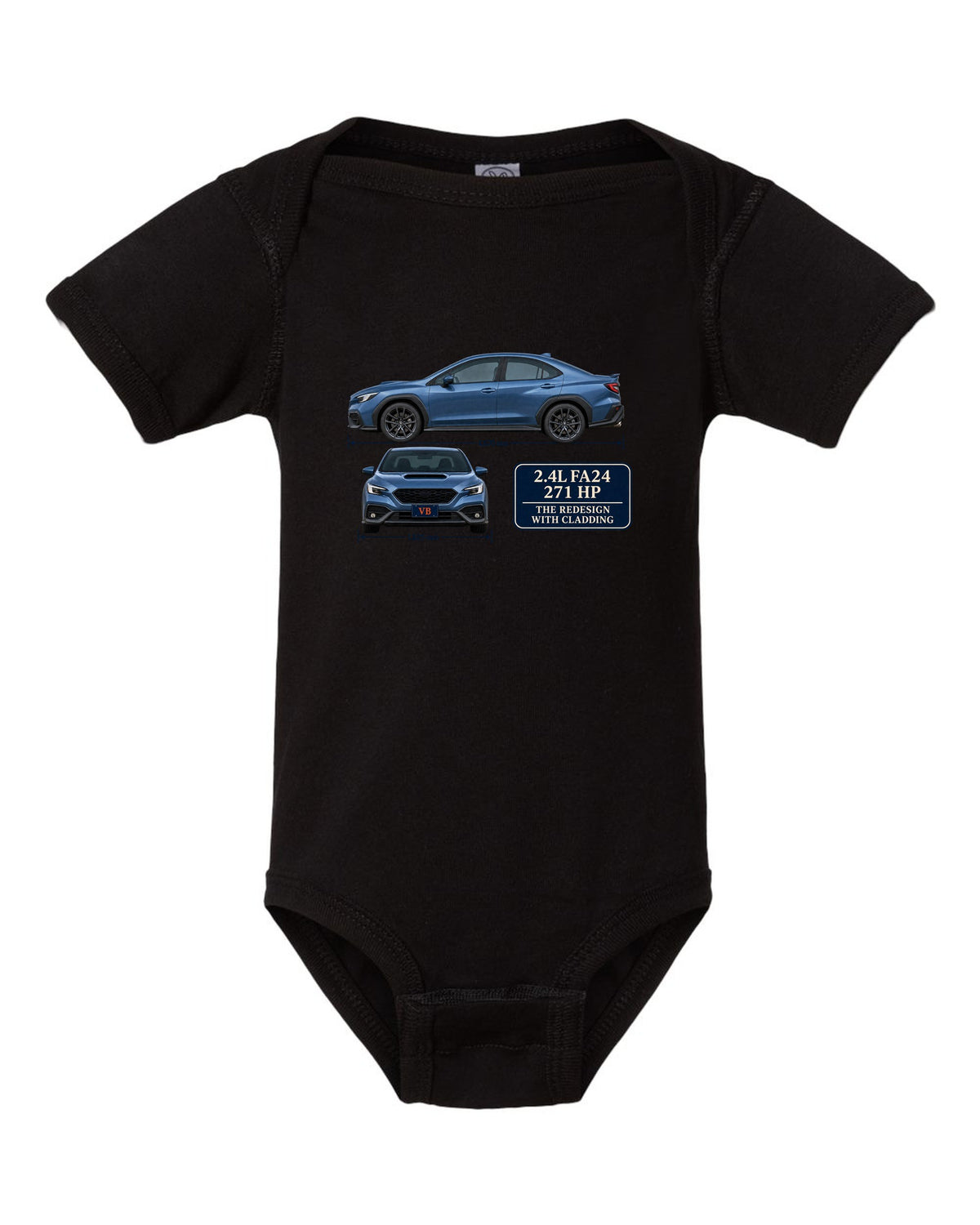 Subaru WRX VB sedan in rally blue-grey with editorial headline black baby onesie front view with the design