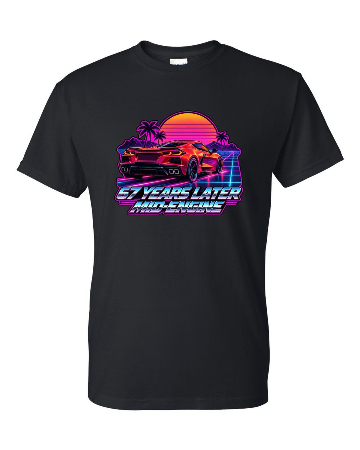 Spec-sheet data plate with overhead view of a 2023 C8 Corvette Z06 black t-shirt front view with the design