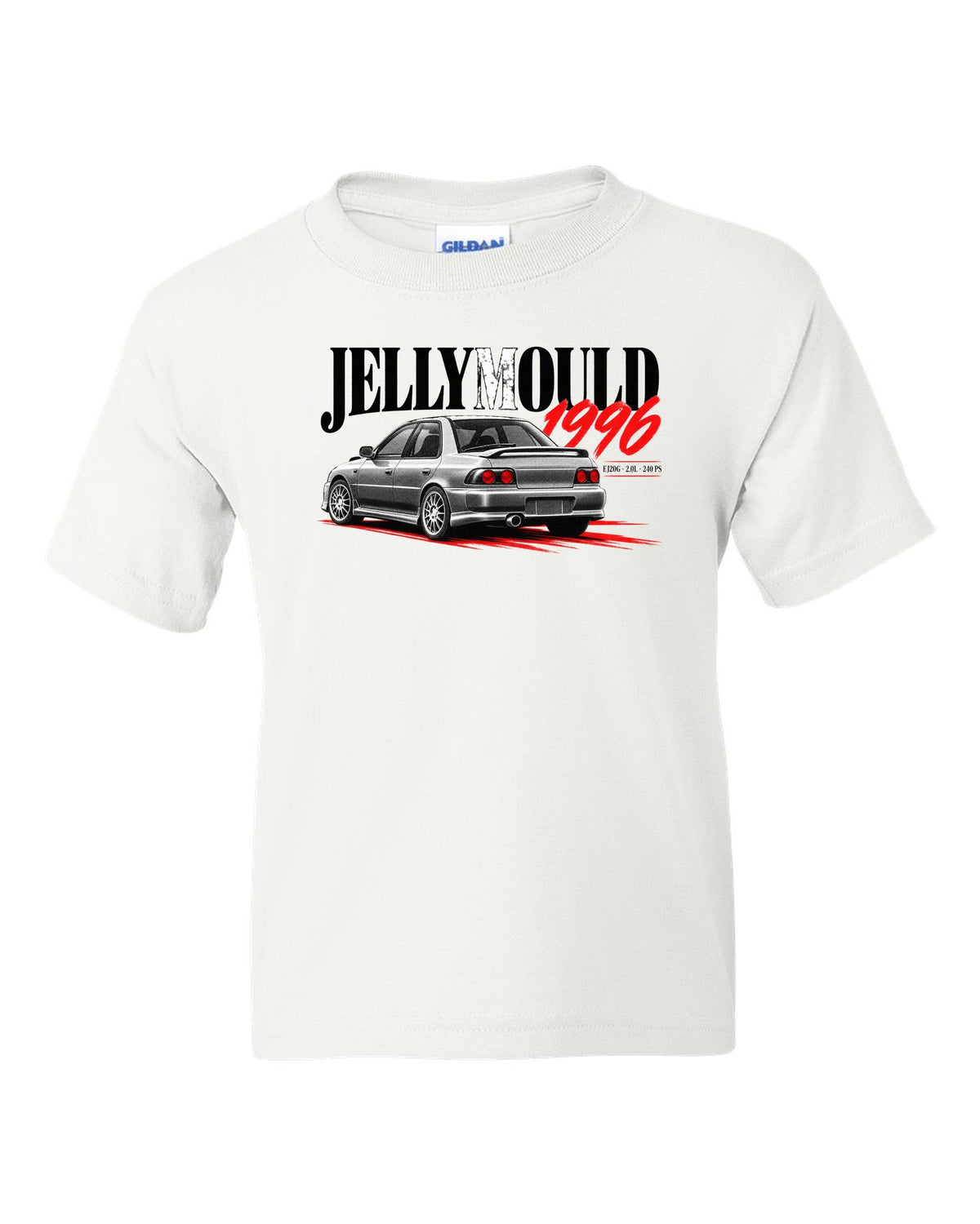 Subaru Impreza WRX GC8 saloon 1996 with Jellymould headline and EJ20G 240 PS text white kids tee front view with the design