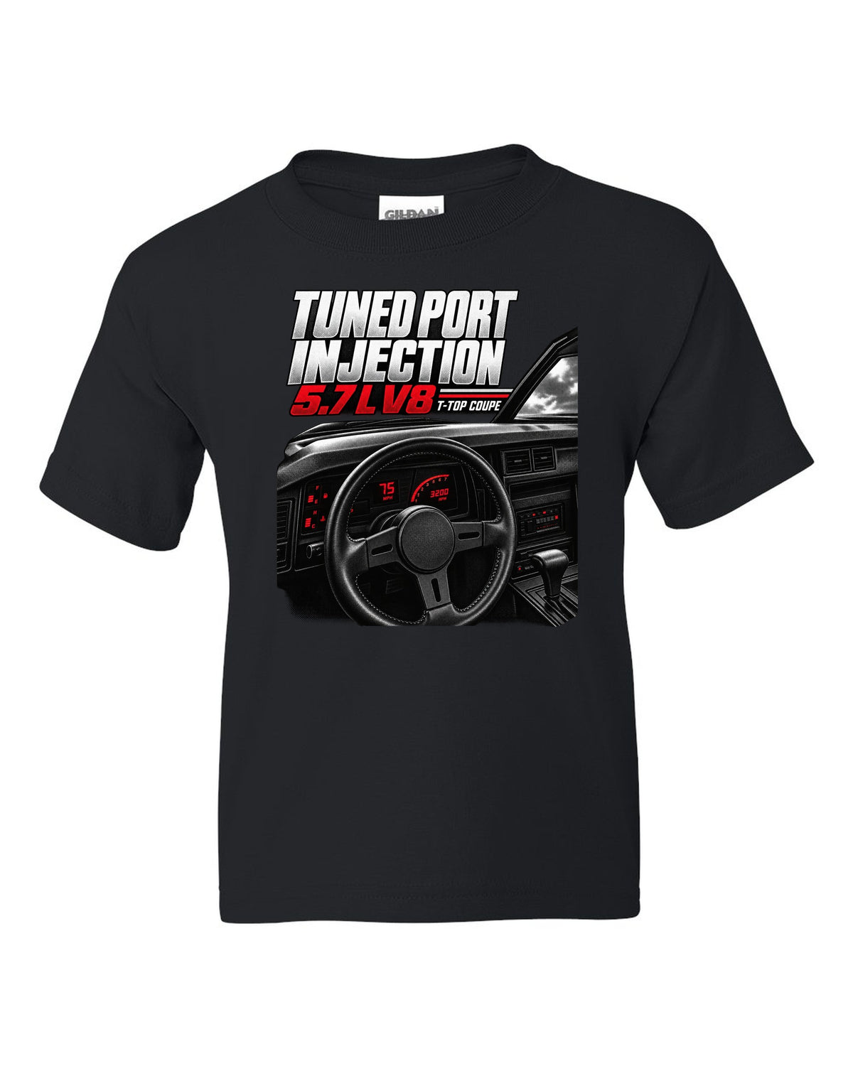 Cockpit and gauge cluster print of a 1988 Chevrolet Camaro IROC-Z with 5.7 L V8 text black kids tee front view with the design