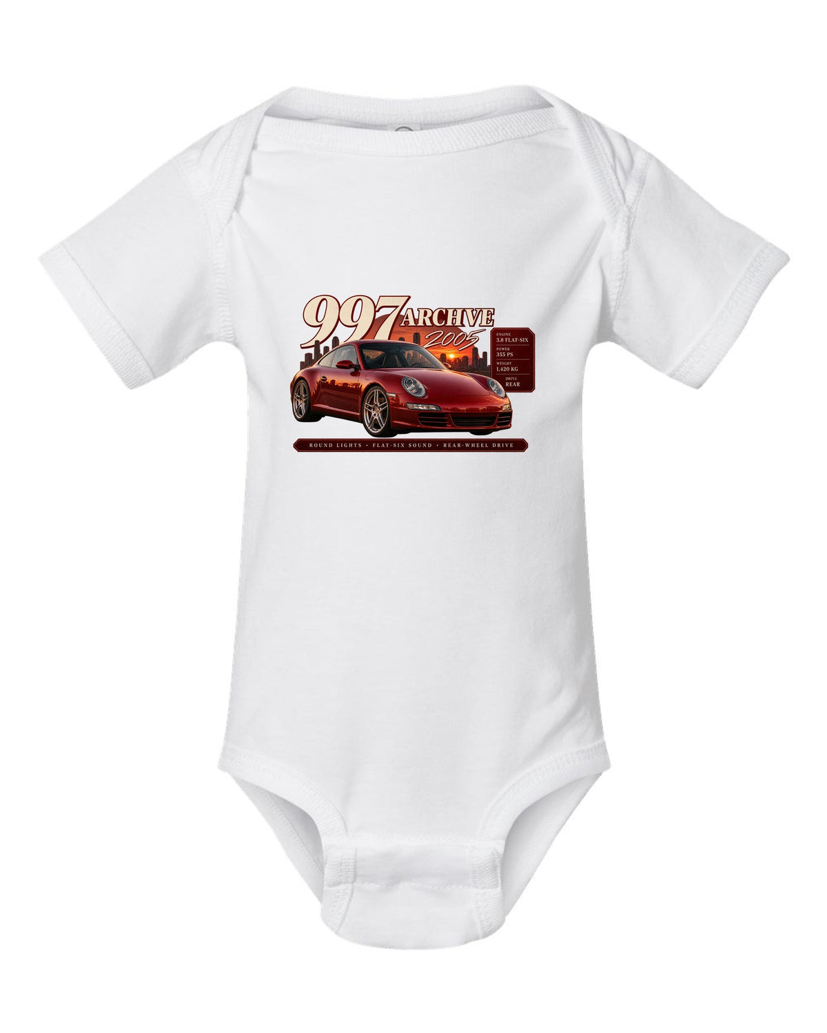 Archive panel print of a deep red Porsche 911 Carrera S 997.1 with 3.8 flat-six spec lines white baby onesie front view with the design