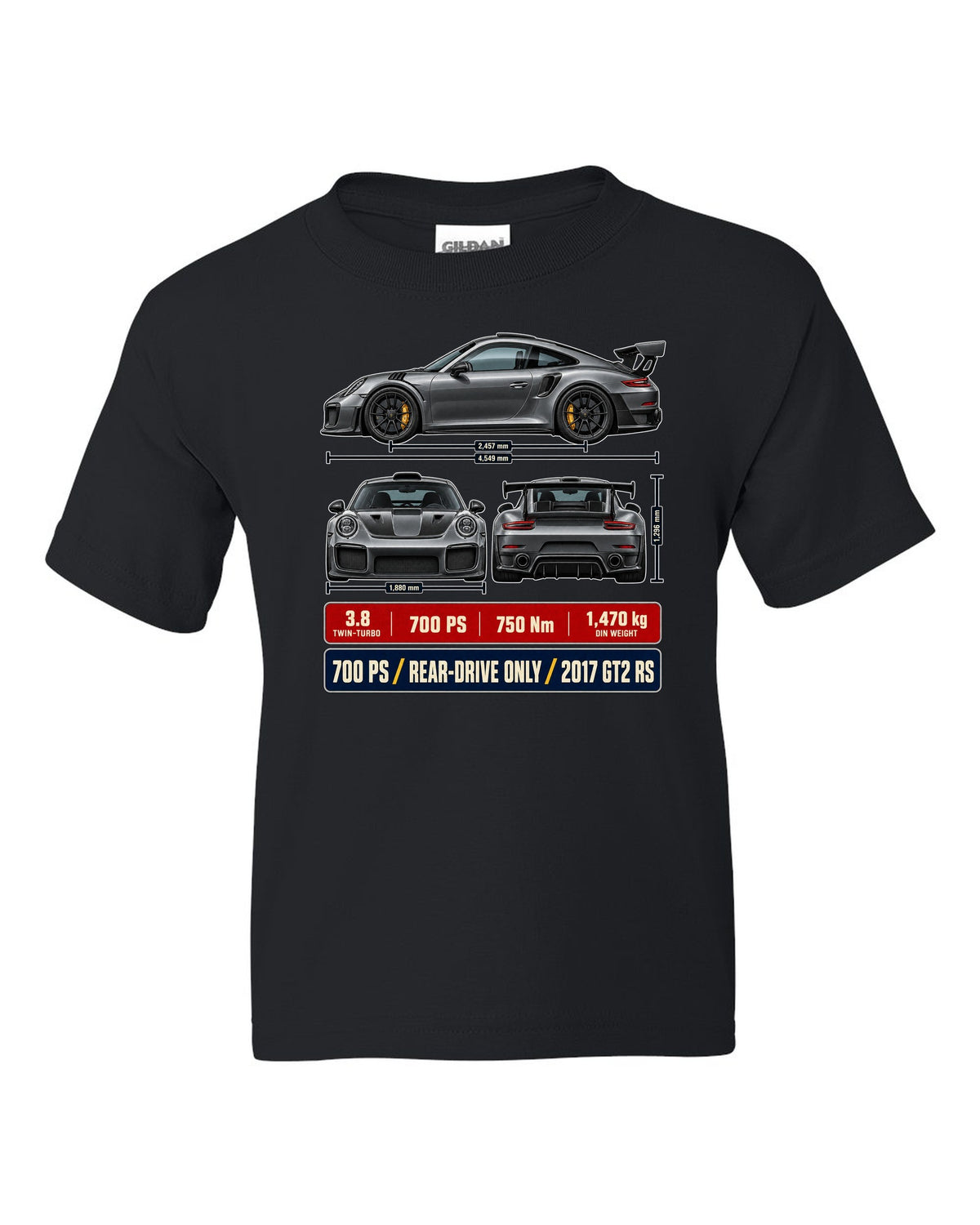 Porsche 911 GT2 RS 991.2 three-view dossier print design black kids tee front view with the design