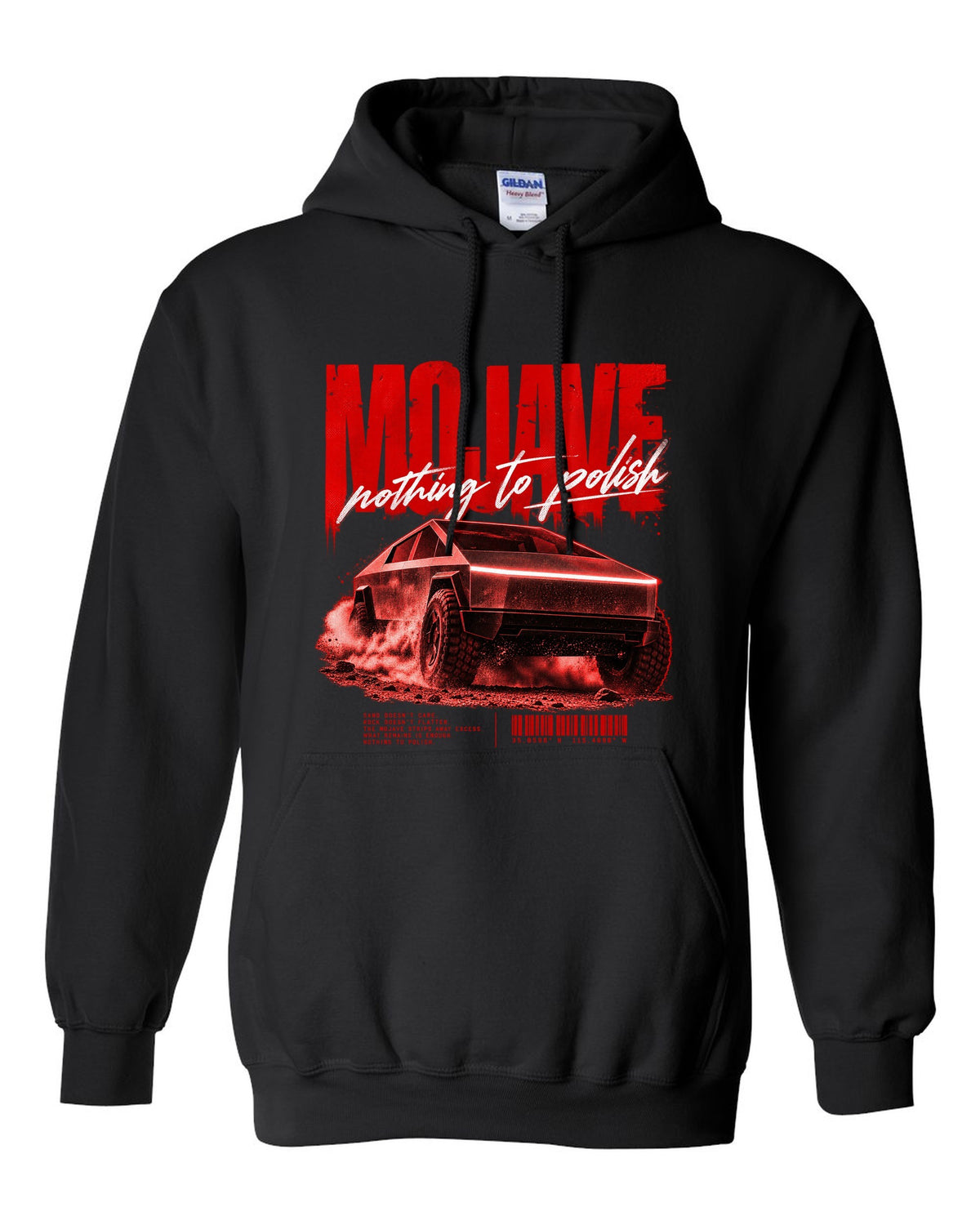 Tesla Cybertruck low front three-quarter on a Mojave desert road street poster black pull over hoodie front view with the design
