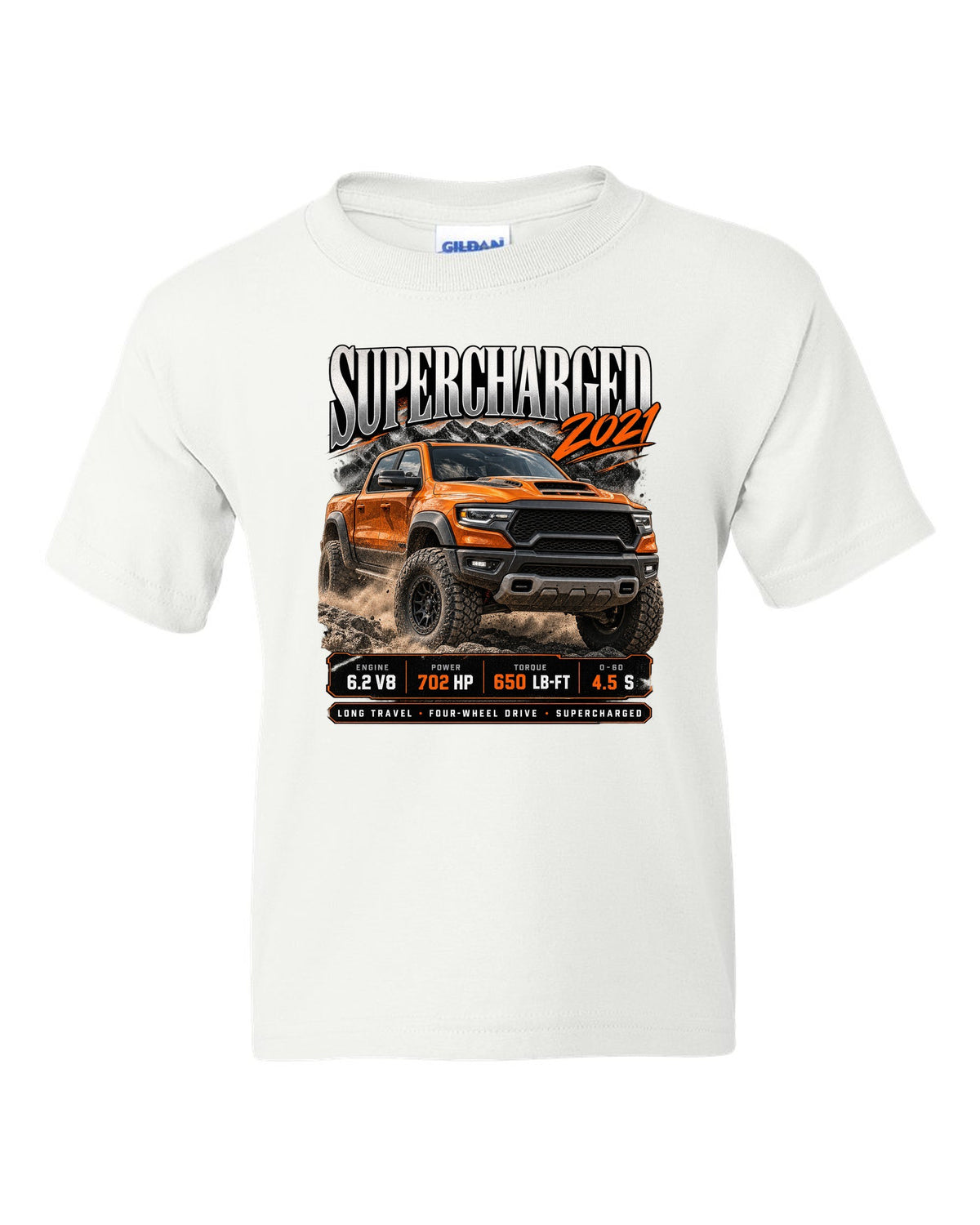 Archive panel of a 2021 Ram 1500 TRX with 702 HP and 650 lb-ft supercharged white kids tee front view with the design