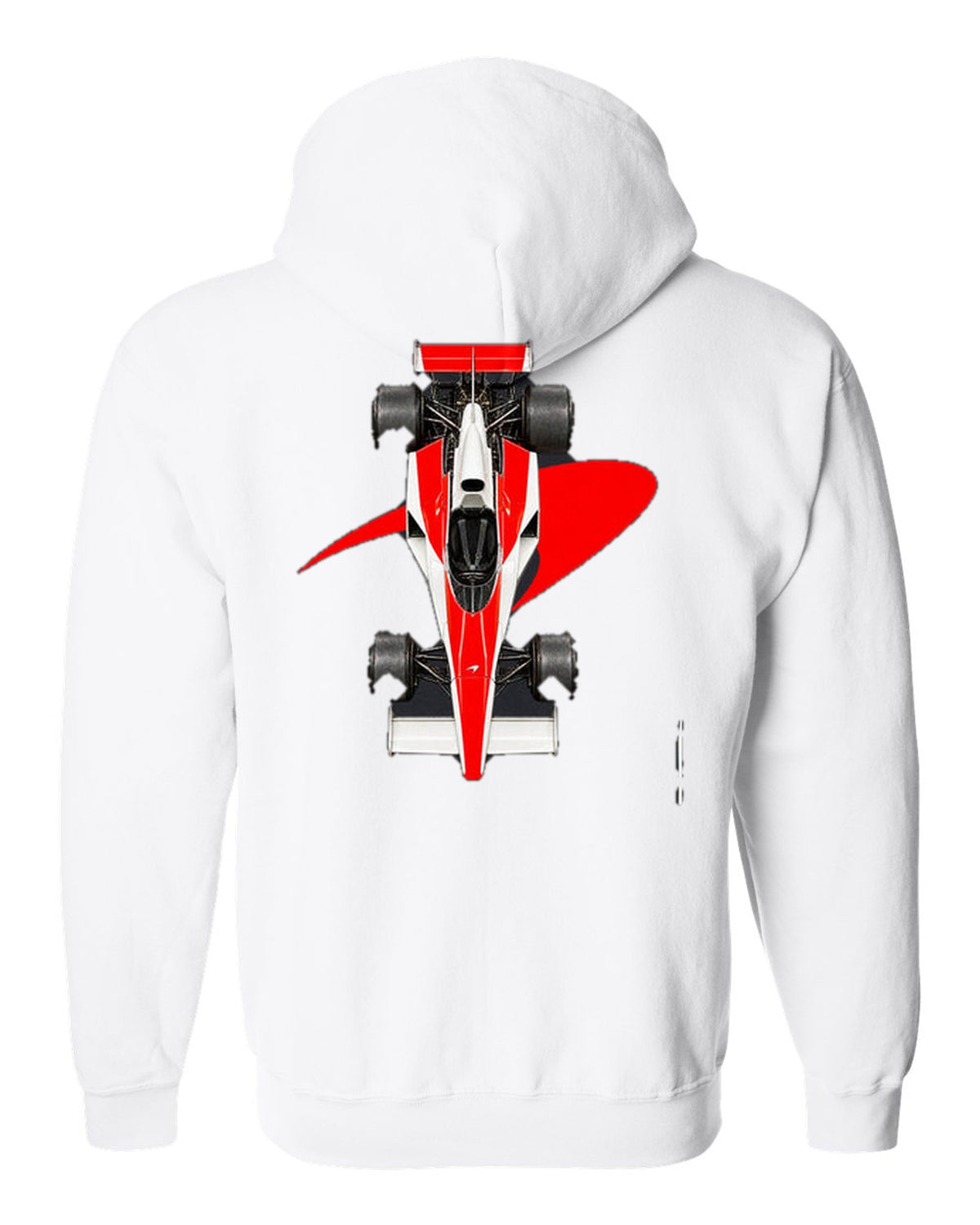 Mclaren M23 1974 Formula 1 overhead poster artwork white zip hoodie back view with the design