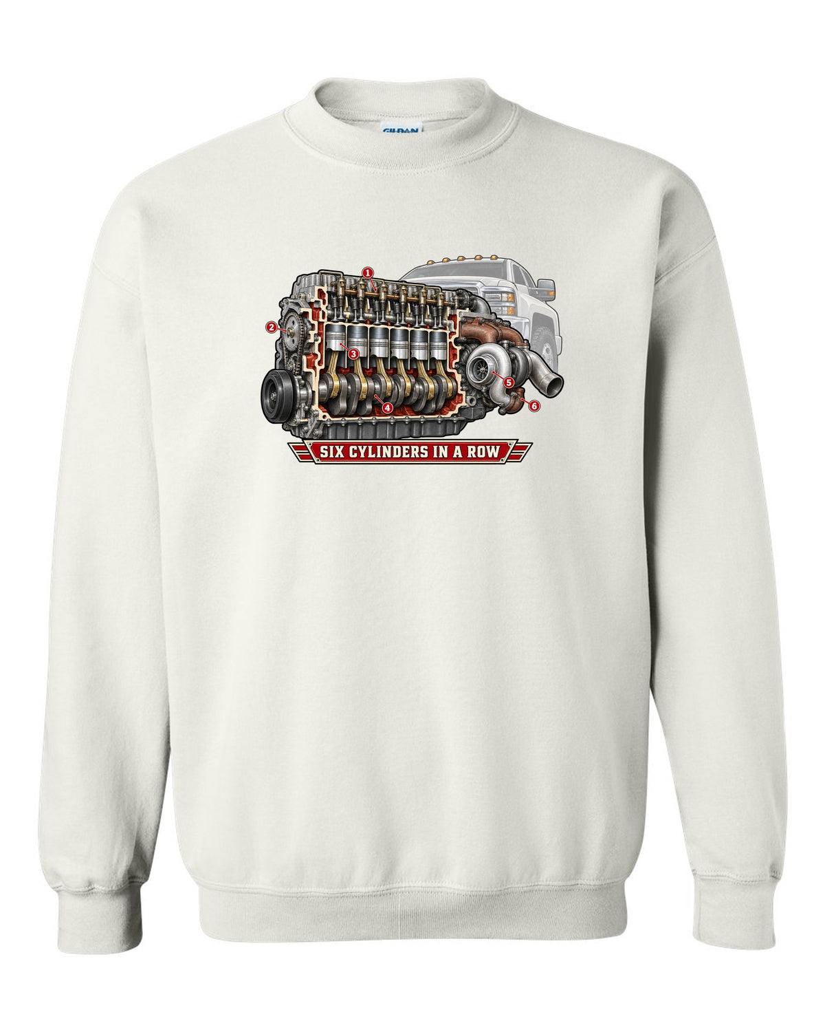 Cutaway diagram print of an inline-six diesel engine from a Dodge Ram 2nd gen with six cylinders in a row text white crewneck front view with the design