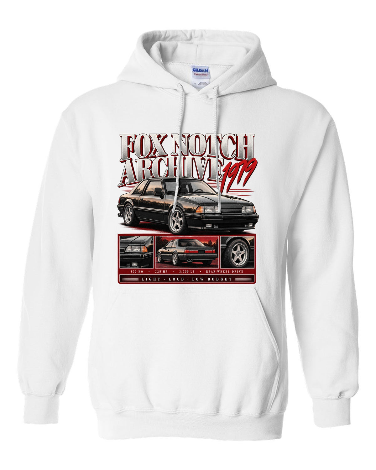 Archive panel print of a Ford Mustang Fox Body notchback coupe with spec lines white pull over hoodie front view with the design