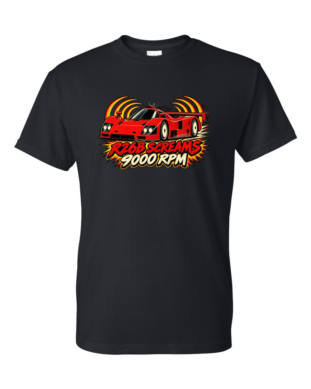 Embroidery-style varsity crest for the Mazda 787B with 787B / 2.6 L / 4 ROTOR lettering black t-shirt front view with the design