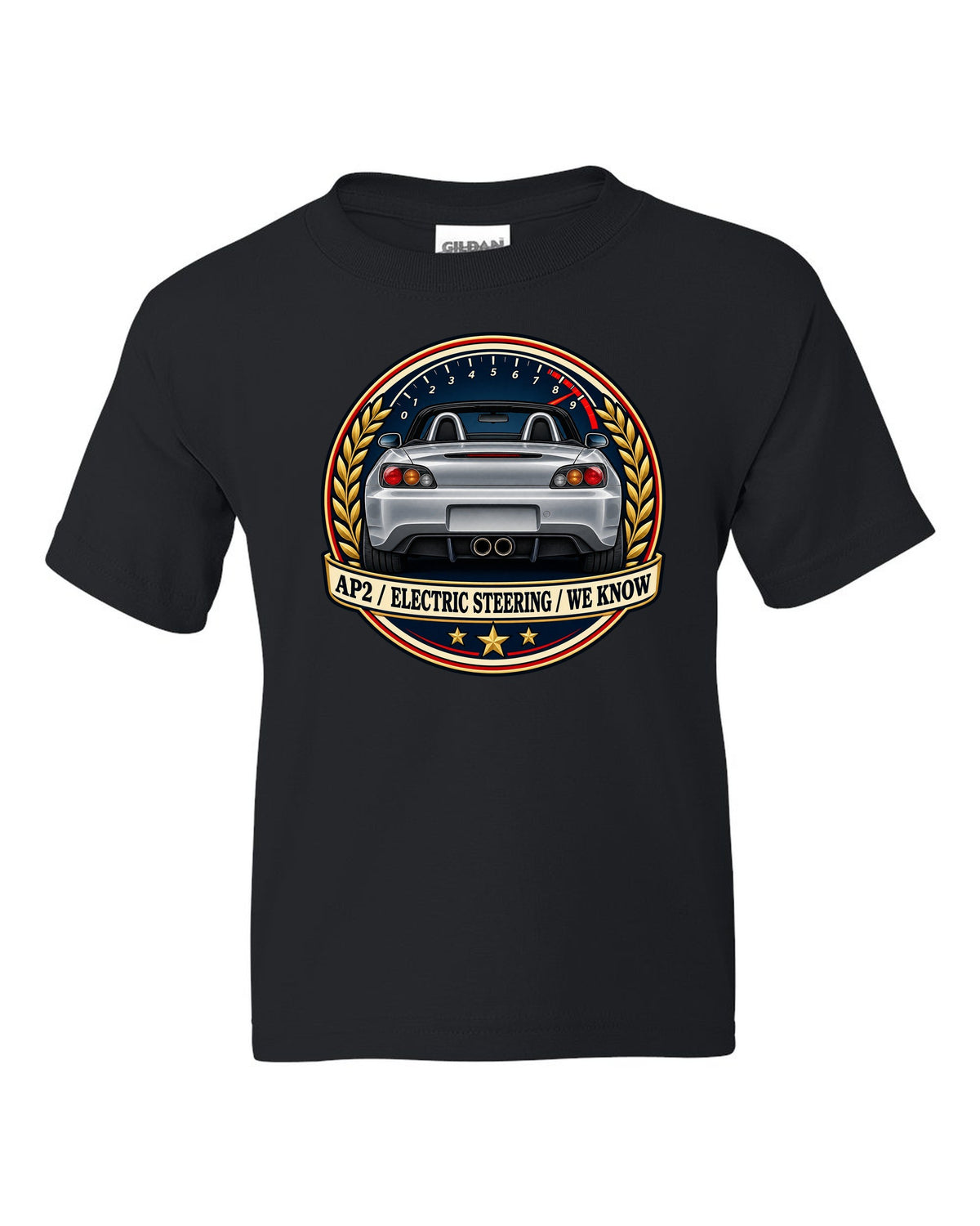 Crest layout print for the Honda S2000 AP2 with electric steering joke text black kids tee front view with the design