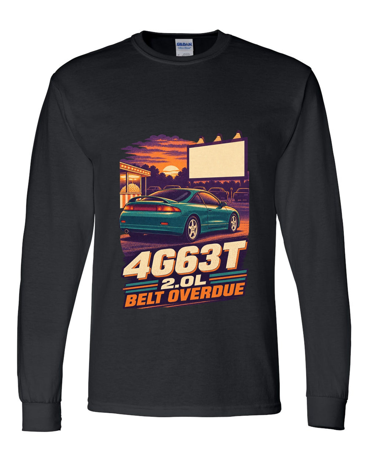 Vintage race-poster lithograph print of a Mitsubishi Eclipse 2G with 4G63T 2.0L belt overdue lettering black long sleeve front view with the design