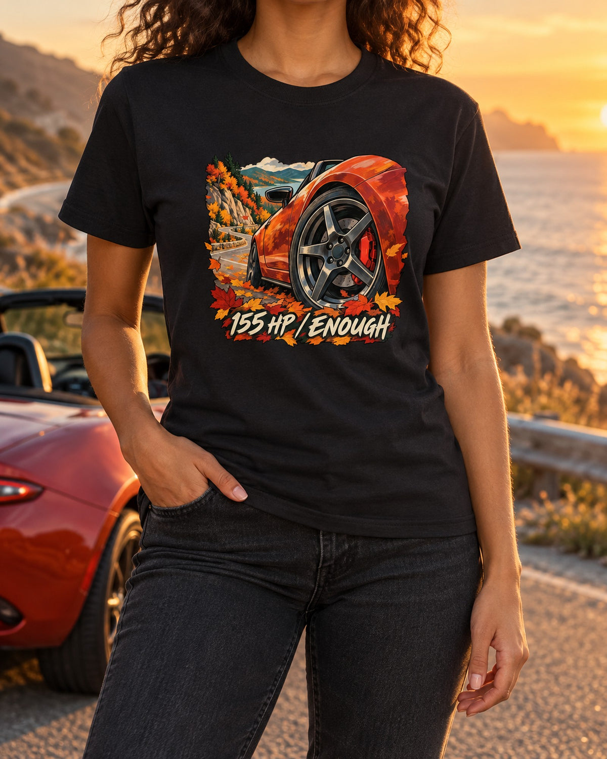 Mazda MX-5 ND Autumn Road Gouache Shirt, 155 HP Is Enough T-Shirt Black worn hero