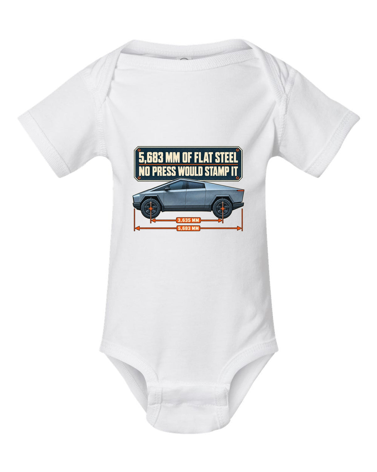 Dimension blueprint print of a Tesla Cybertruck with 5,683 mm length white baby onesie front view with the design