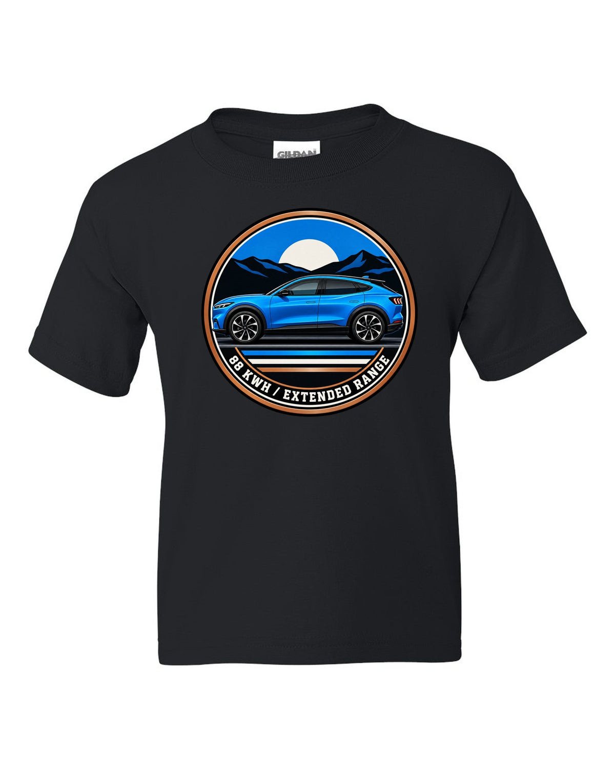 Gauge-cluster HUD print of a 2020 Mustang Mach-E CX727 showing One Gear 3.5 Sec black kids tee front view with the design