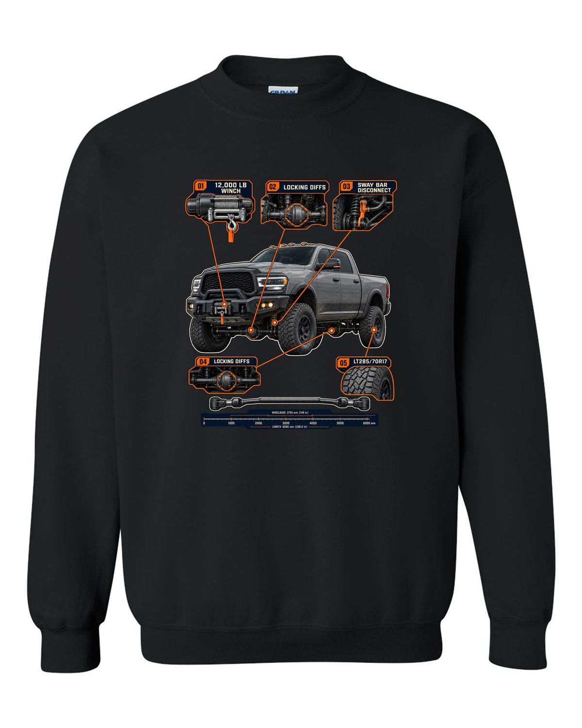 Ram 2500 Power Wagon callouts for winch, locking diffs and sway bar disconnect print black crewneck front view with the design