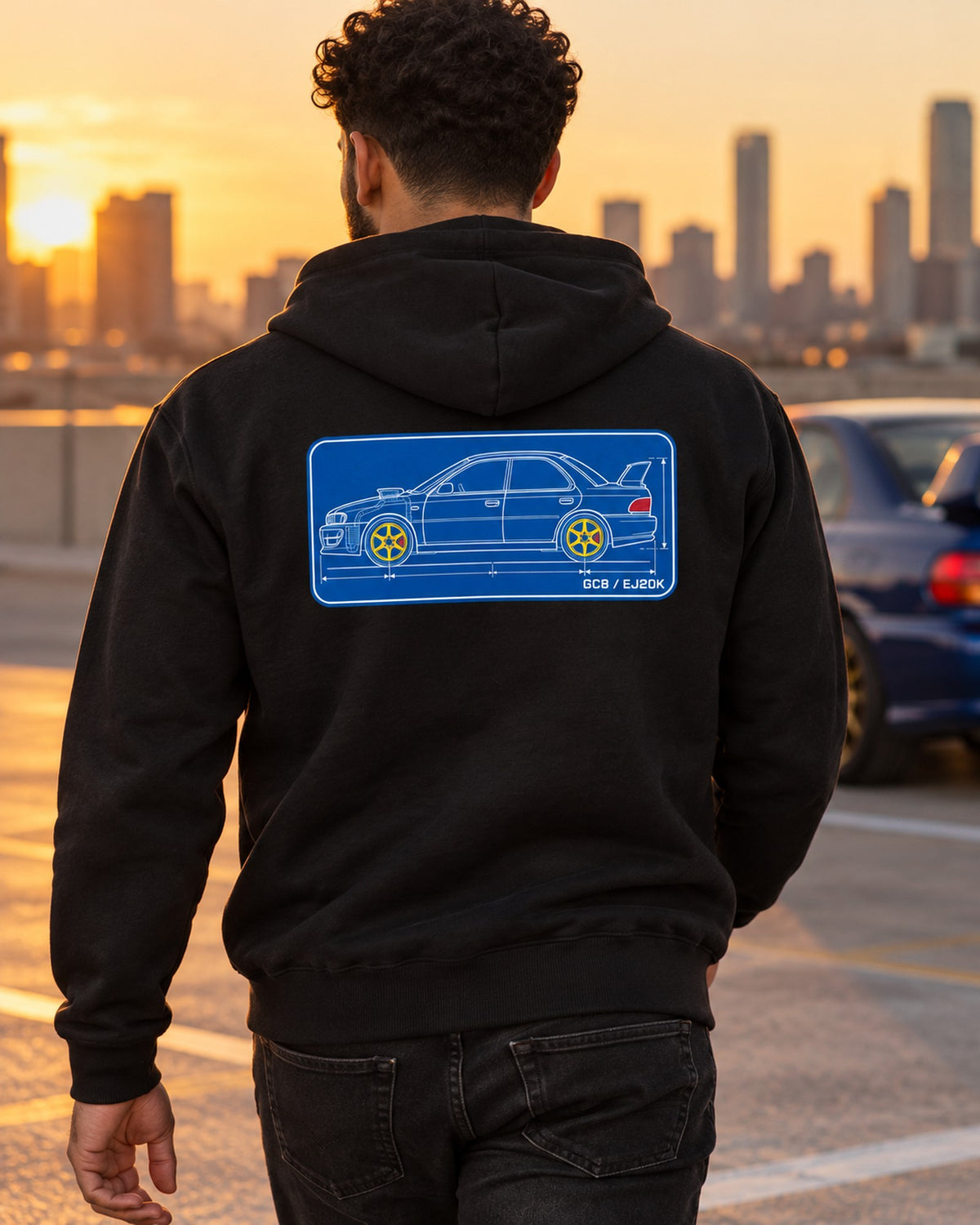 Subaru Impreza WRX GC8 1999 Cyanotype Blueprint Shirt, EJ20K Zip Hoodie Black worn hero