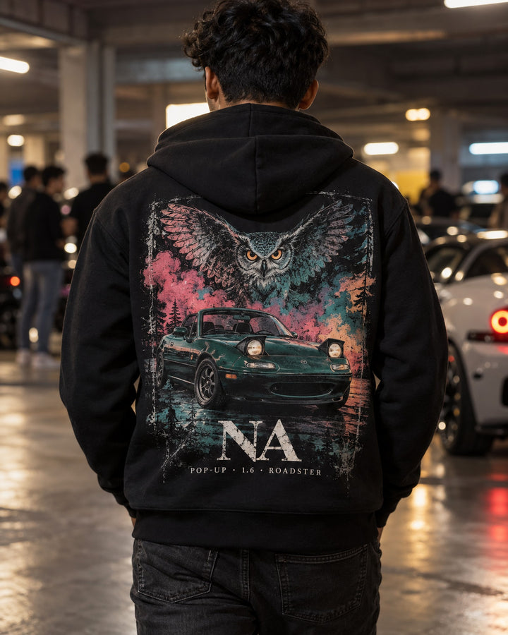 Mazda MX-5 Miata Owl Pull Over Hoodie & Zip Hoodie Zip Hoodie Black worn hero