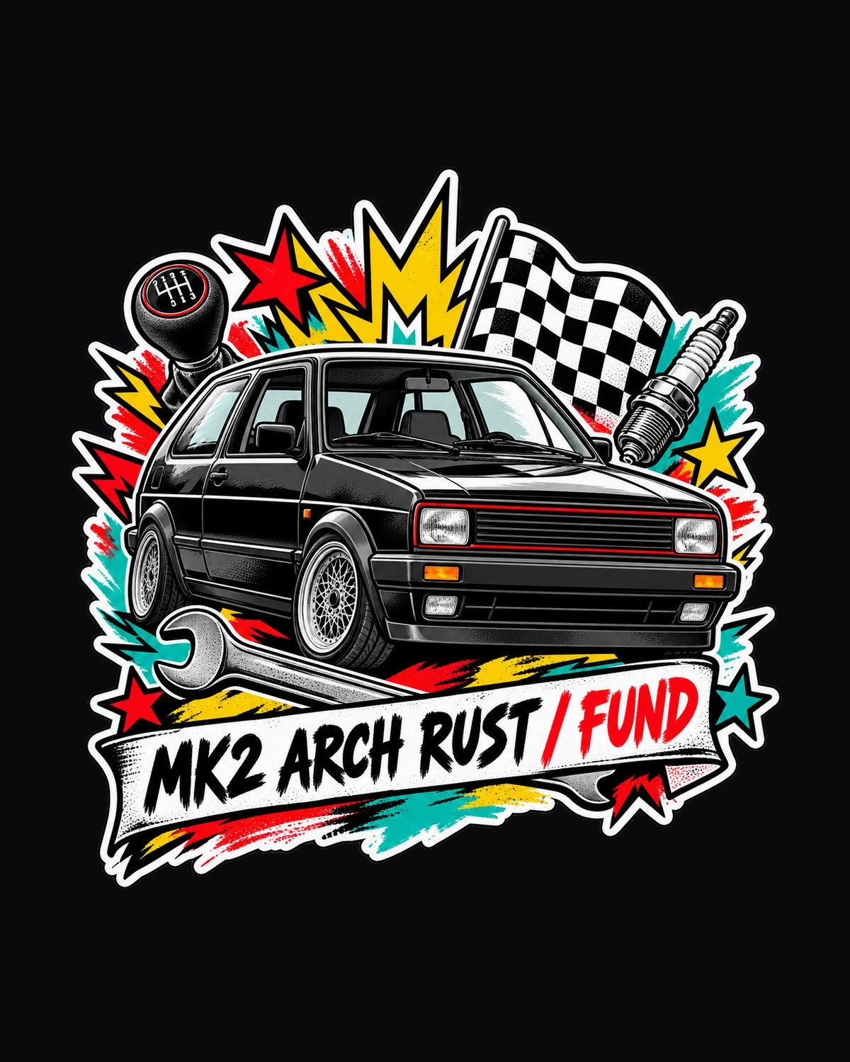 VW Golf Mk2 GTI Sticker Bomb Shirt, Arch Rust Fund Tee design only