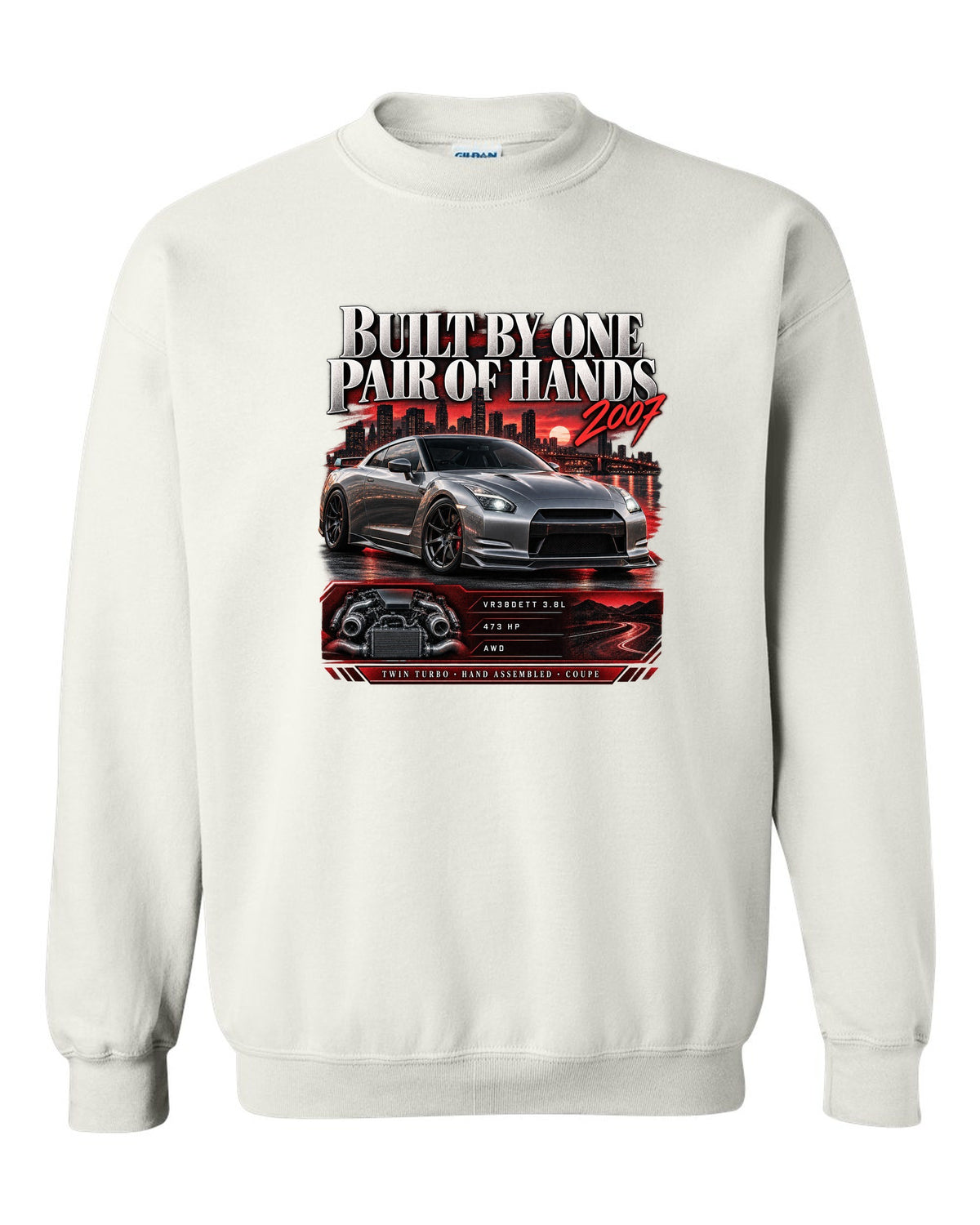 Archive panel of a Nissan GT-R R35 with VR38DETT 3.8L, 473 hp and hand assembled lettering white crewneck front view with the design