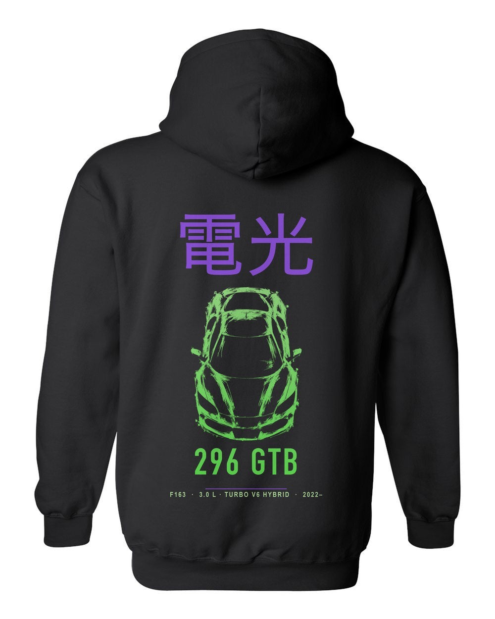 296 GTB full-back artwork black pull over hoodie back view with the design