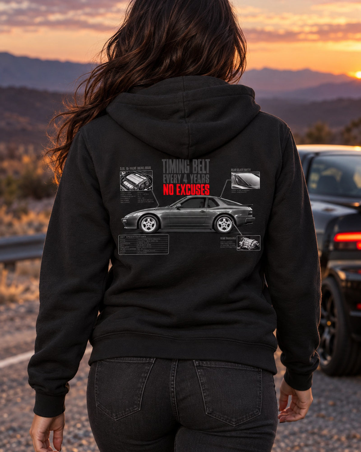 Porsche 944 S2 Timing Belt Spec Poster Shirt, Every 4 Years Zip Hoodie Black worn hero