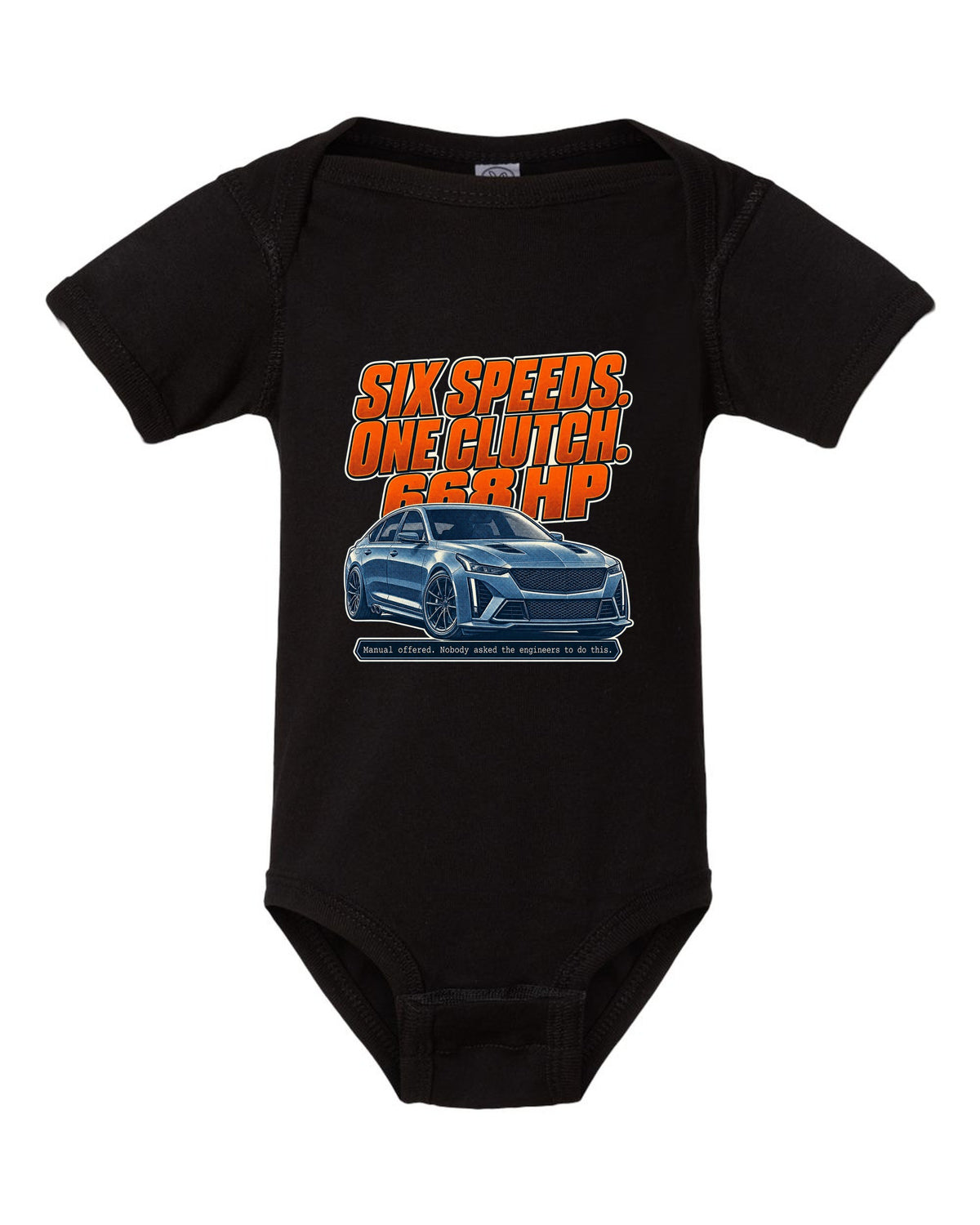 Halftone print of a Cadillac CT5-V Blackwing with six-speed manual text black baby onesie front view with the design