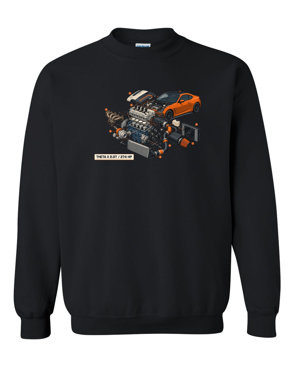 Hyundai Genesis Coupe BK2 isometric exploded cutaway print with Theta II 2.0T and 274 HP black crewneck front view with the design