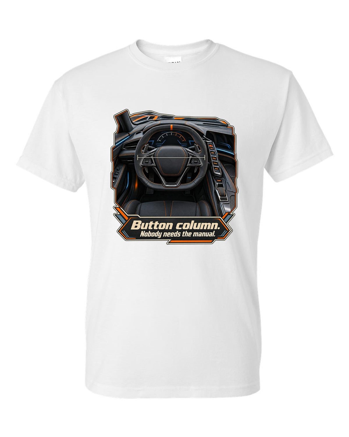 print of a Chevrolet Corvette C8 ZR1 cockpit with gauges and button column text white t-shirt front view with the design