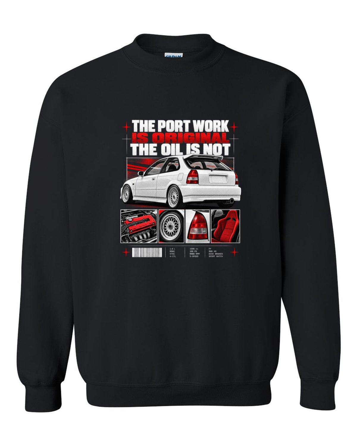 Dossier panel print of a 1998 Honda Civic EK9 chback with port work text black crewneck front view with the design