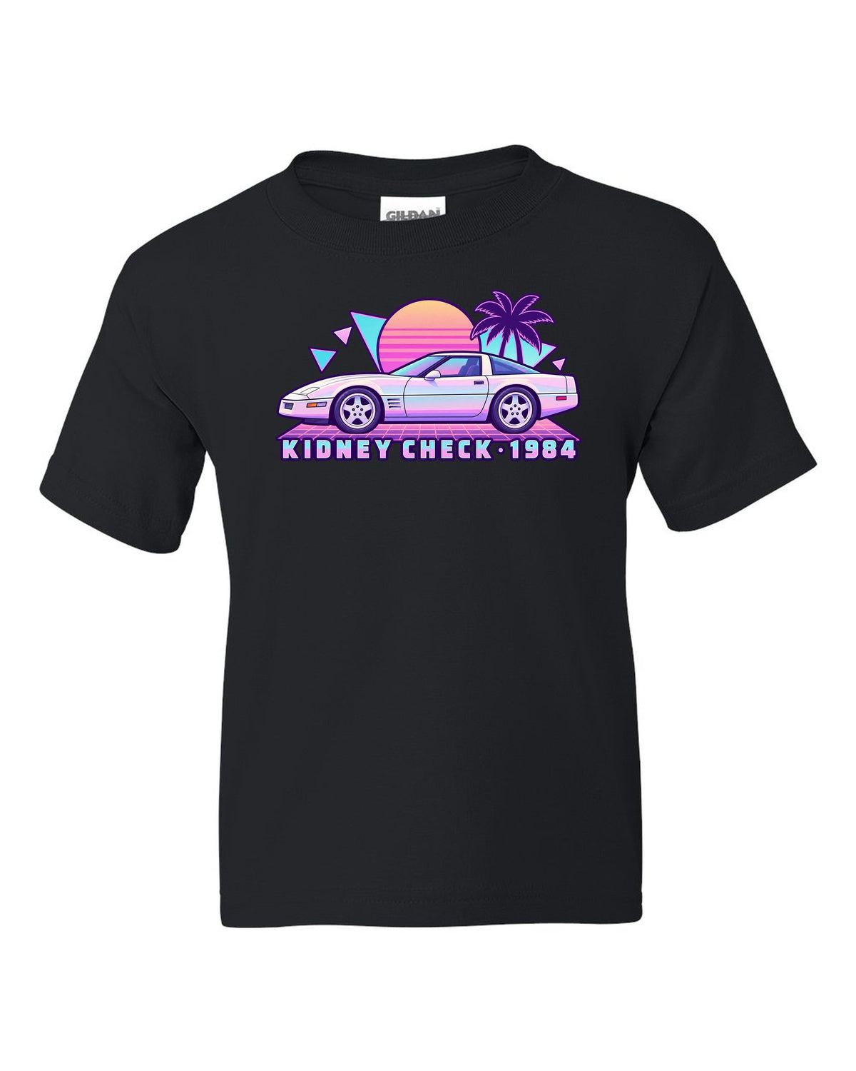 Pastel vaporwave print of a 1984 Chevrolet Corvette C4 coupe with Kidney Check text black kids tee front view with the design