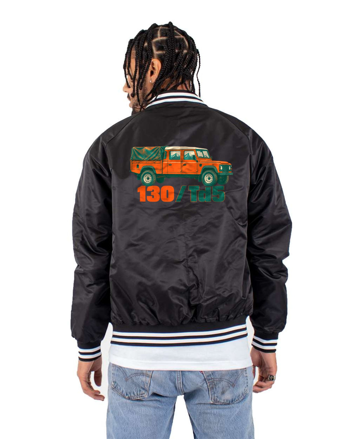 Land Rover Defender 130 Crew Cab Riso Print Shirt Bomber Jacket Black back